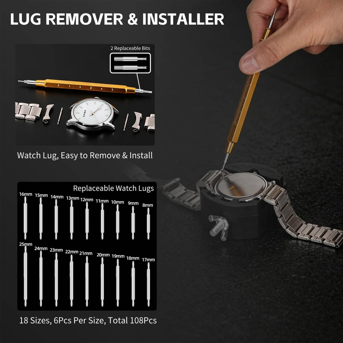 Watch lug remover and installer tool set with replaceable bits and lug pins.