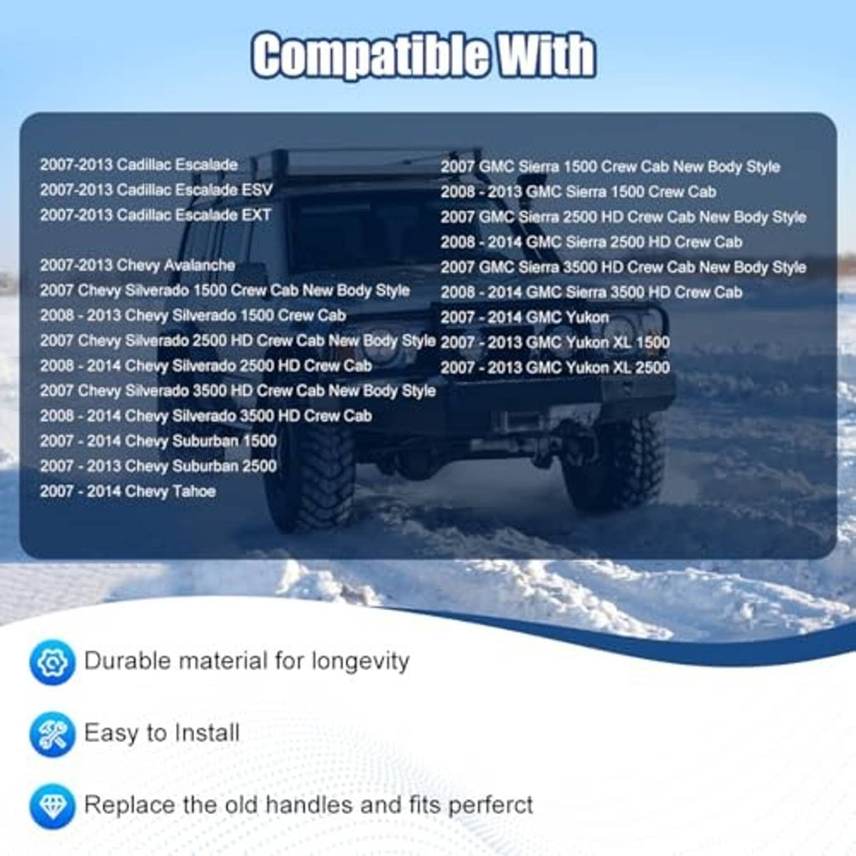 Chrome front passenger exterior door handle with compatibility graphic