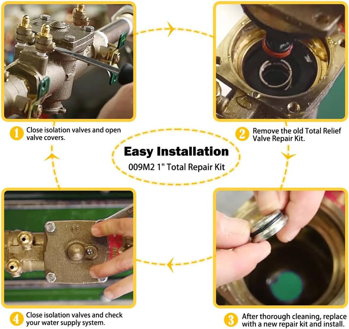 Backflow preventer repair kit showing valve cover removal and new relief valve insert
