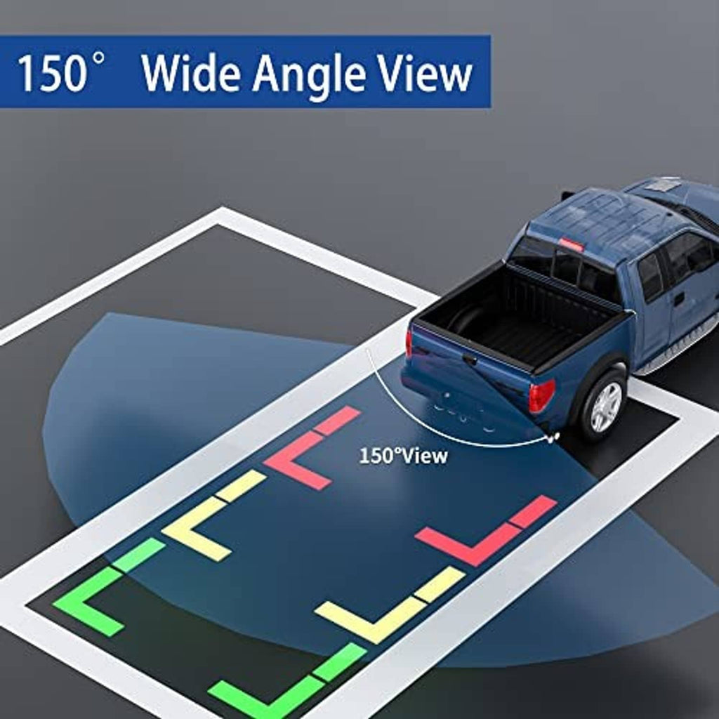 Backup camera parking guide overlay with 150° wide-angle view lines
