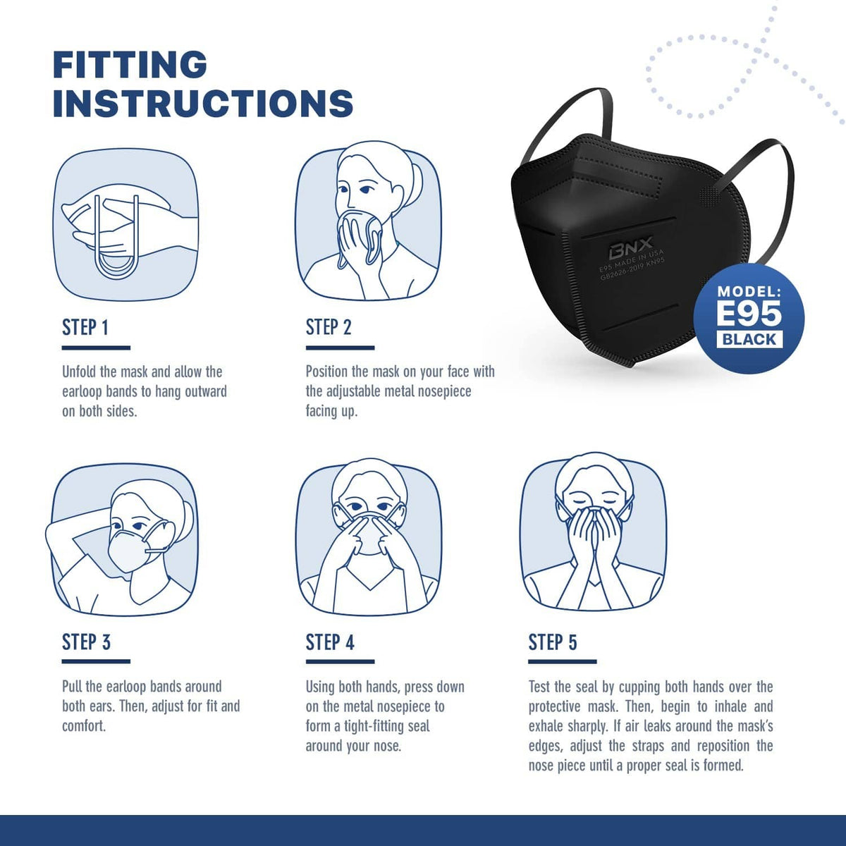 Black BNX KN95 respirator face mask with ear loops shown alongside fitting steps