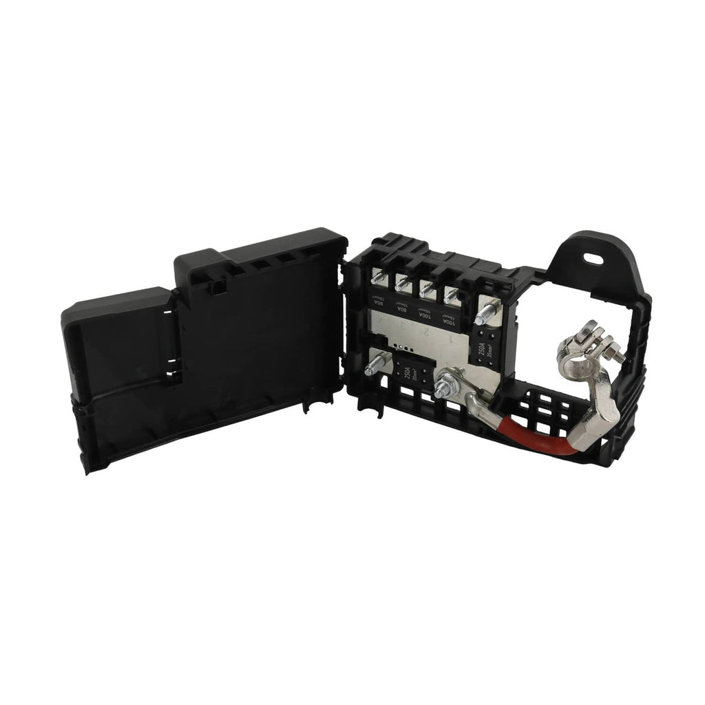 Black fuse block terminal assembly with cover open, exposed fuse contacts and brackets