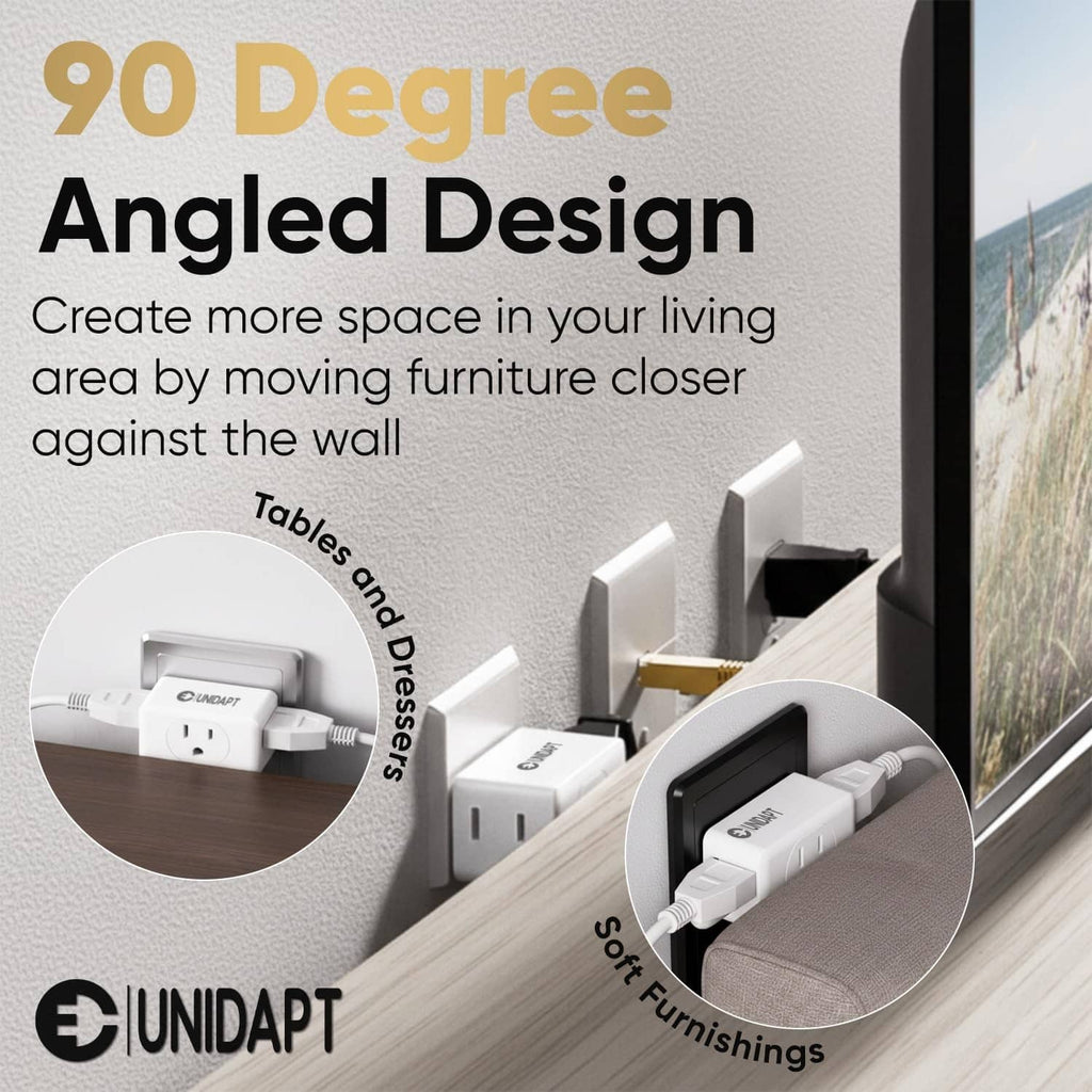 White 3-way outlet extender with angled design, three grounded outlet ports