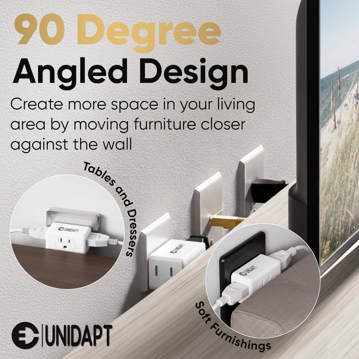 White 3-way outlet extender with angled design, three grounded outlet ports