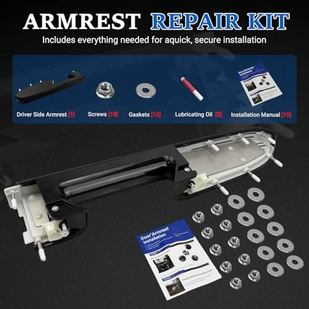 Armrest repair kit contents: bracket, screws, washers, gasket, oil, and installation manual
