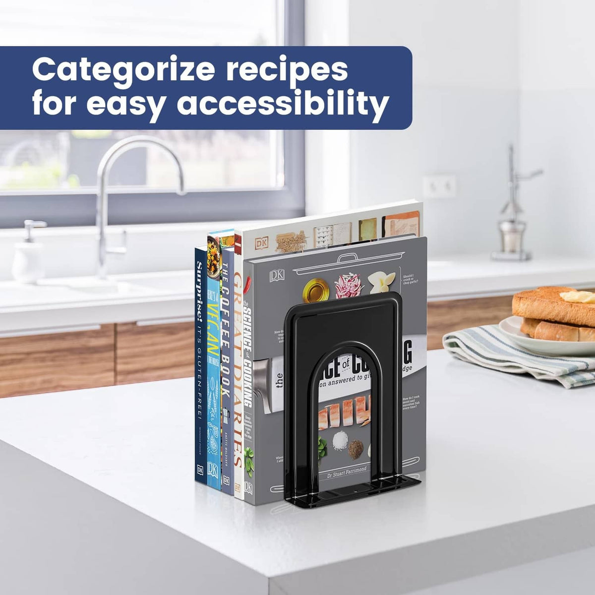 Black metal bookend organizer holding books vertically with arched frame and stable base