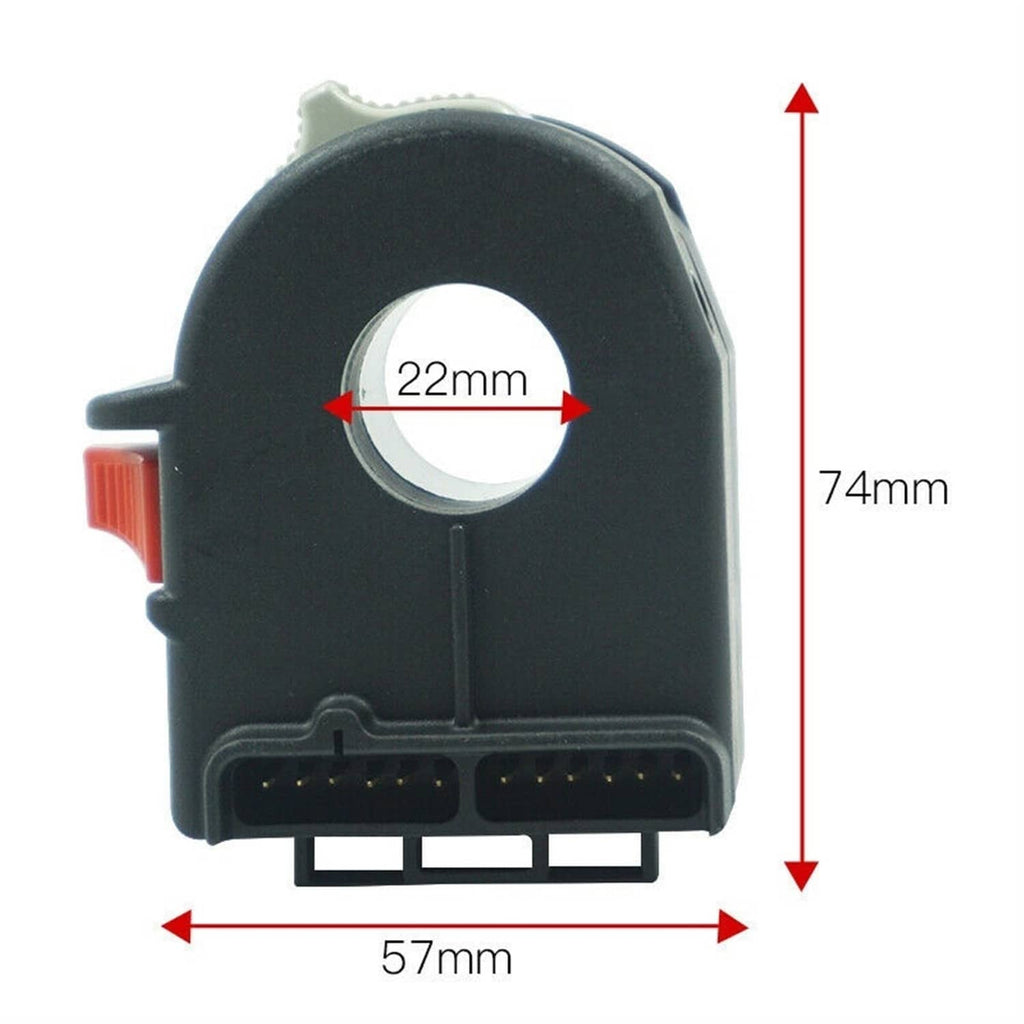 Left handlebar switch with 22mm and 74mm size markings, black housing and connector