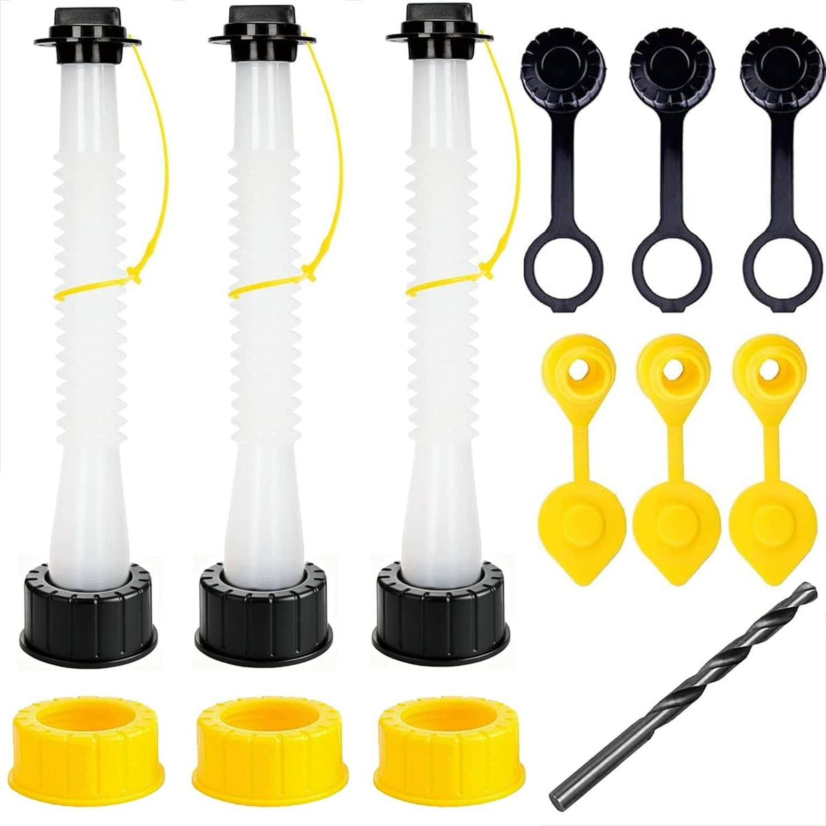 White replacement gas can spout nozzle set with gasket, caps, yellow vent pieces, and bit