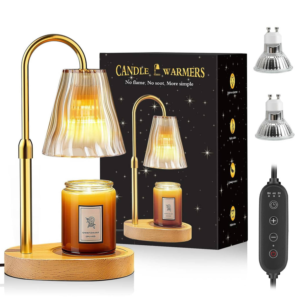 Luxmore candle warmer lamp kit with amber glass shade, candle jars, and black timer/dimmer control