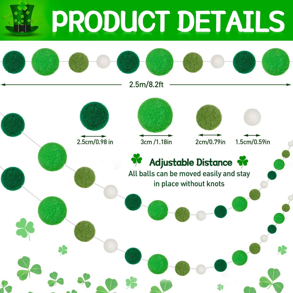 Green felt ball garland with white beads, adjustable multi-ball length