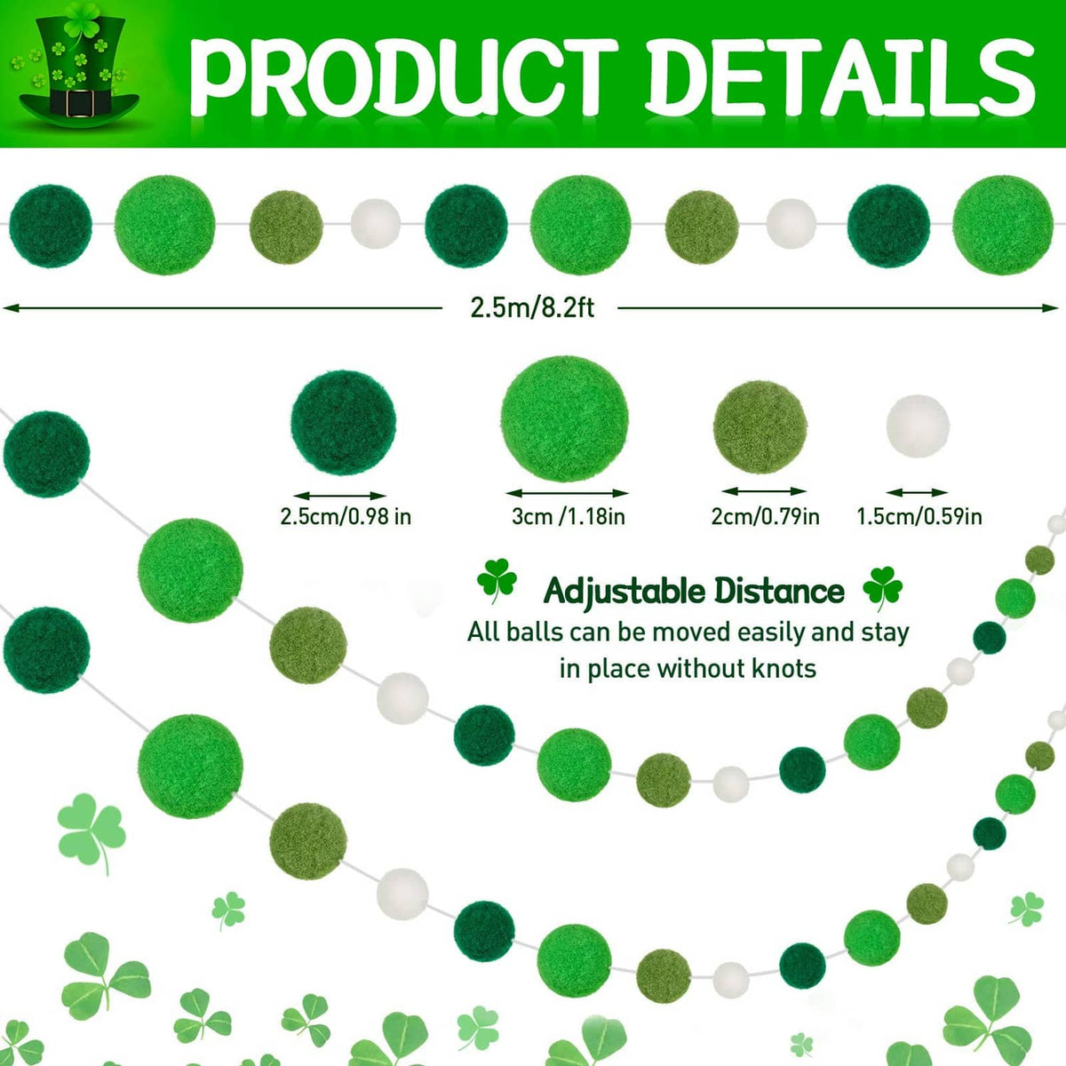 Green felt ball garland with white beads, adjustable multi-ball length