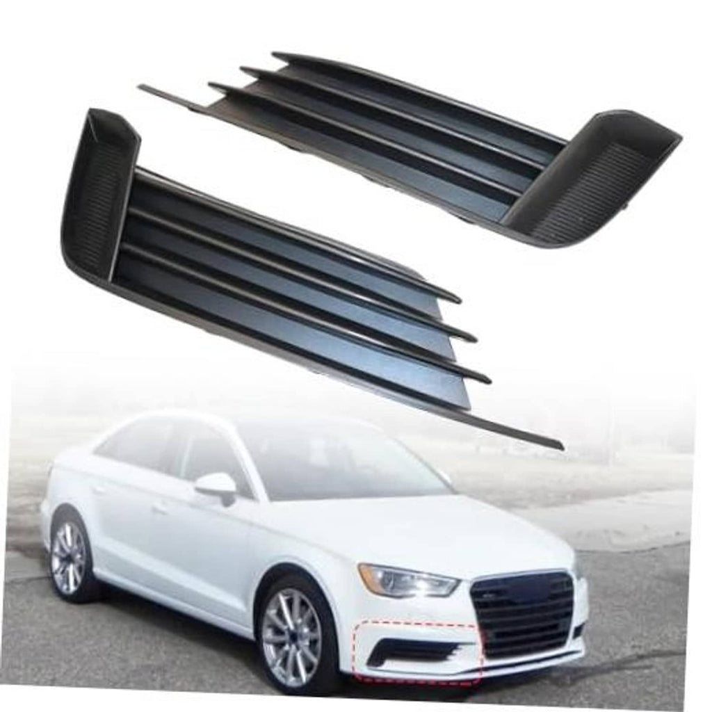 Front bumper lower grille inserts, black with blue-gray horizontal slats, left and right
