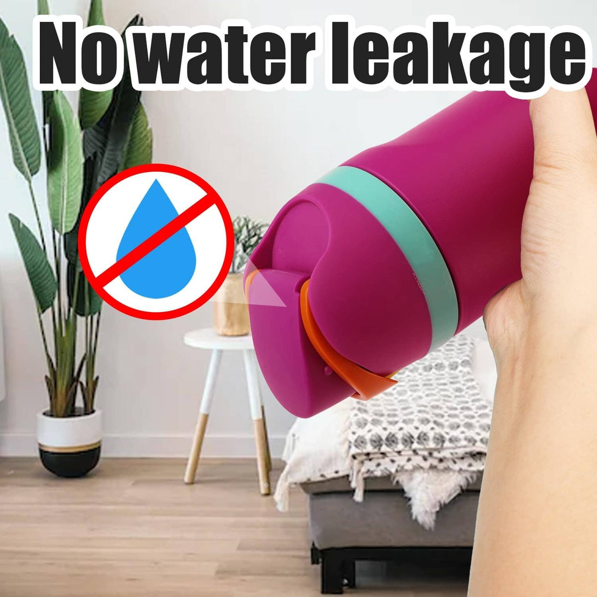 Bottle lid stopper on a magenta tumbler held near a no-water splash scene