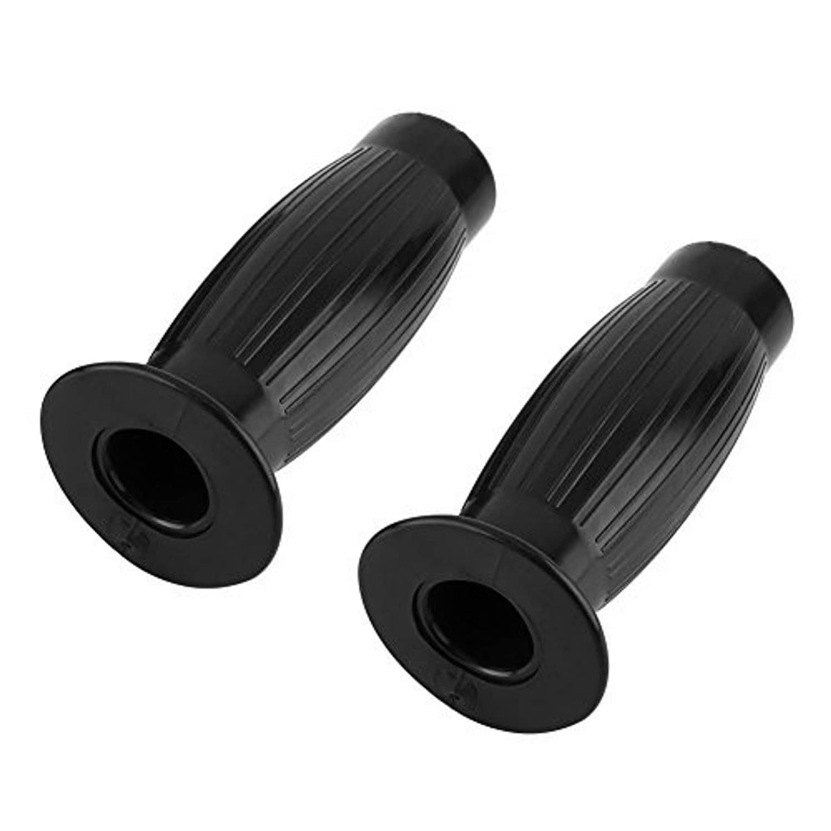 Black ribbed motorcycle handlebar grips with circular end openings, pair