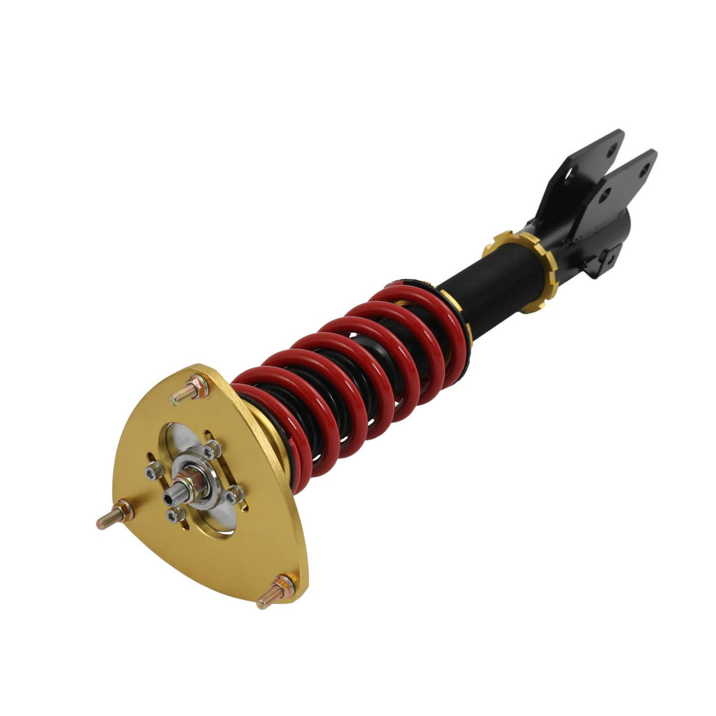 Full coilover strut assembly with red coil spring and black shock body, gold top plate