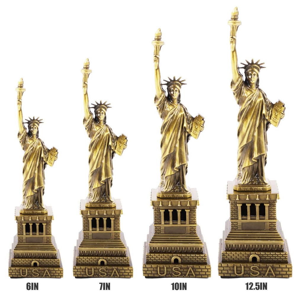 Four bronze Statue of Liberty metal figurines in different heights, each with base