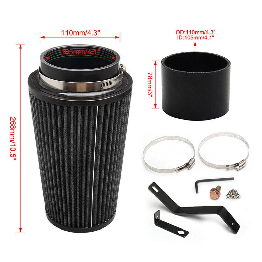 Black cone air filter and cylindrical intake coupler with wire clamp straps and brackets