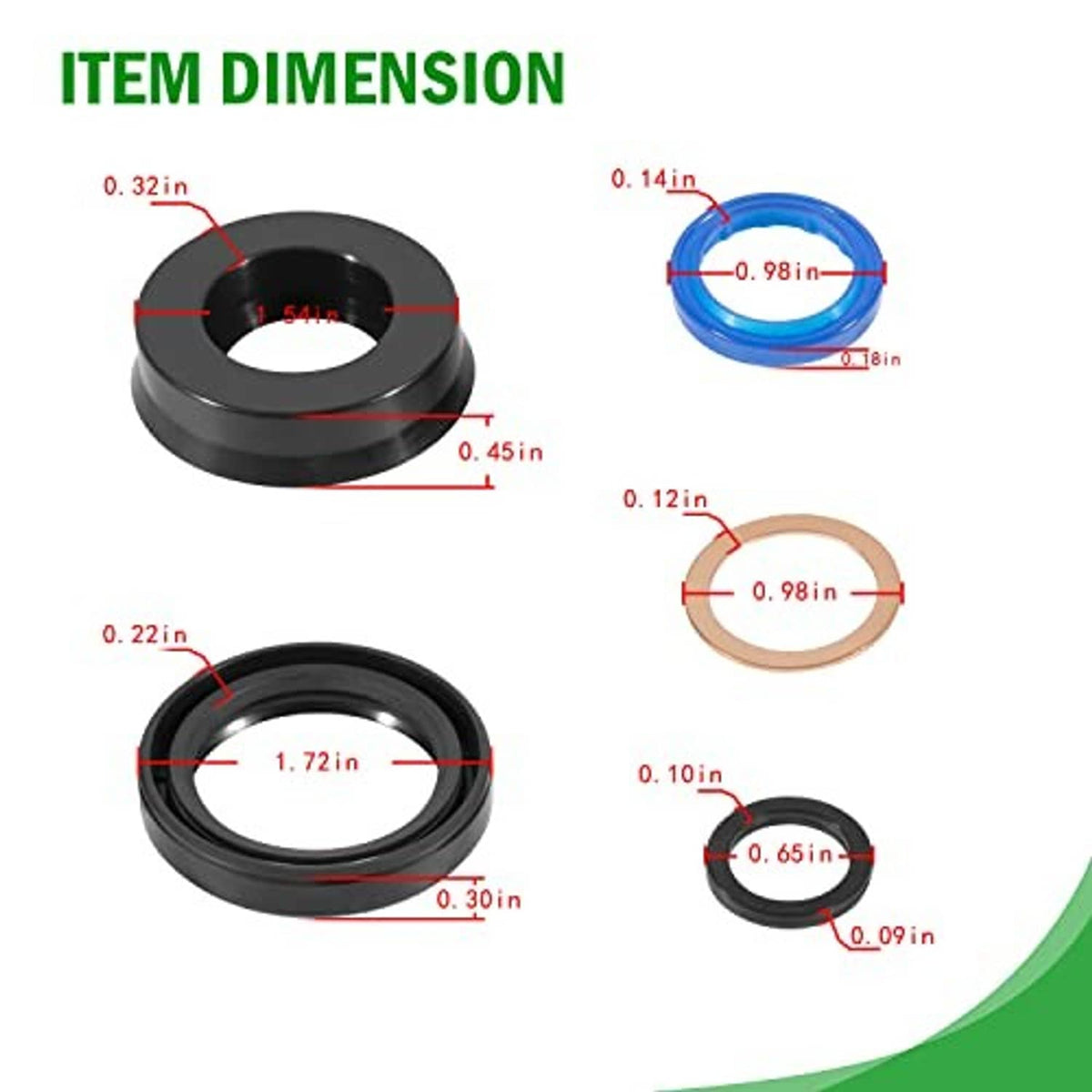 Seal kit part dimension callouts: black seals, blue ring, and copper gasket