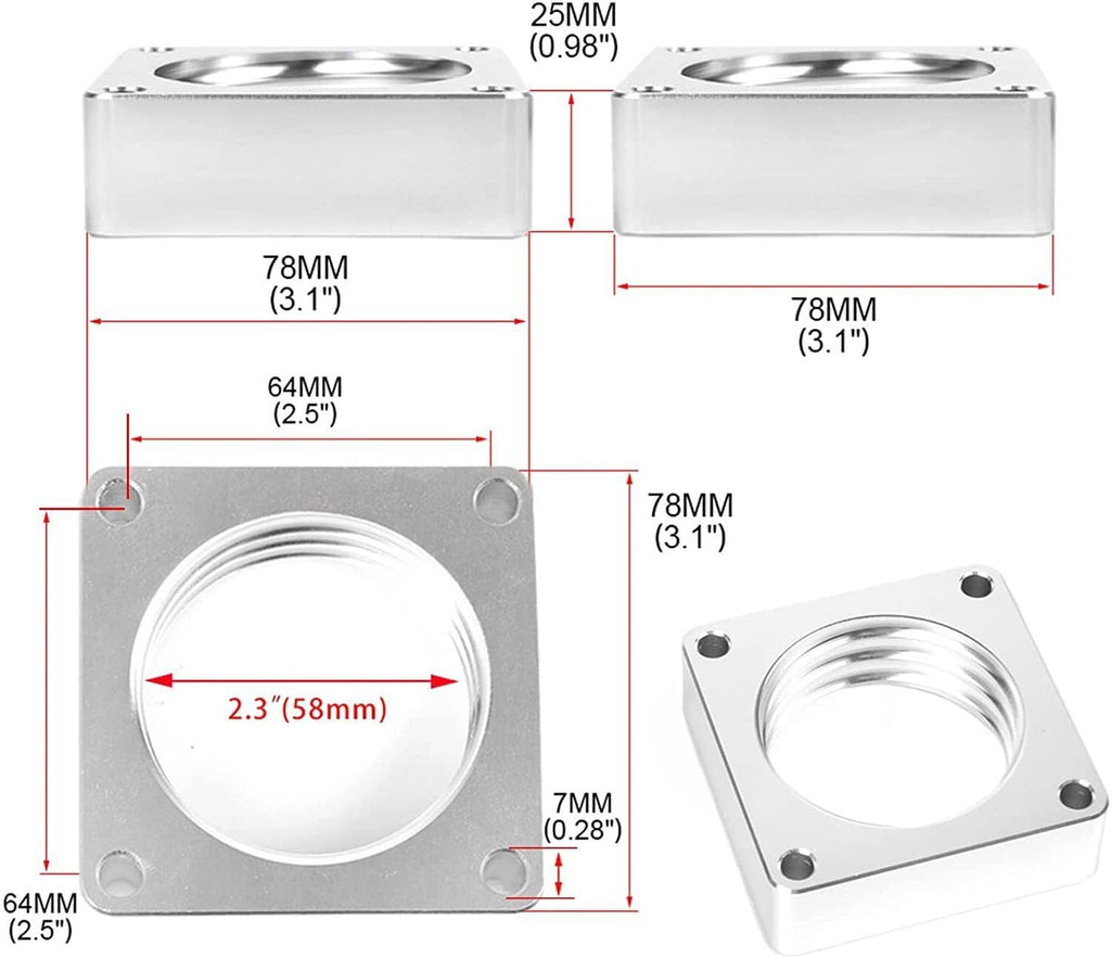 Throttle body spacer size diagram showing key measurements (25mm, 78mm, 64mm, 7mm)
