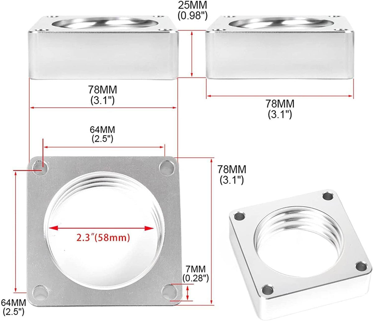 Throttle body spacer size diagram showing key measurements (25mm, 78mm, 64mm, 7mm)