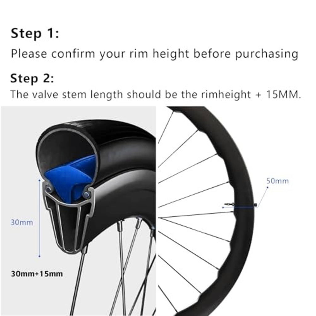 Tubeless Presta valve stem installed in a wheel rim hole, showing stem length