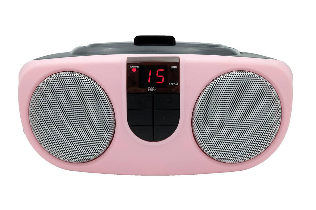 Pink portable CD player with dual speaker grilles and front digital display