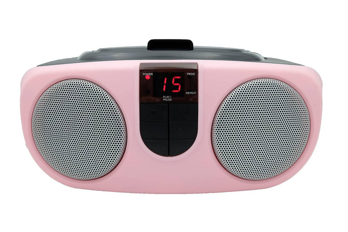 Pink portable CD player with dual speaker grilles and front digital display