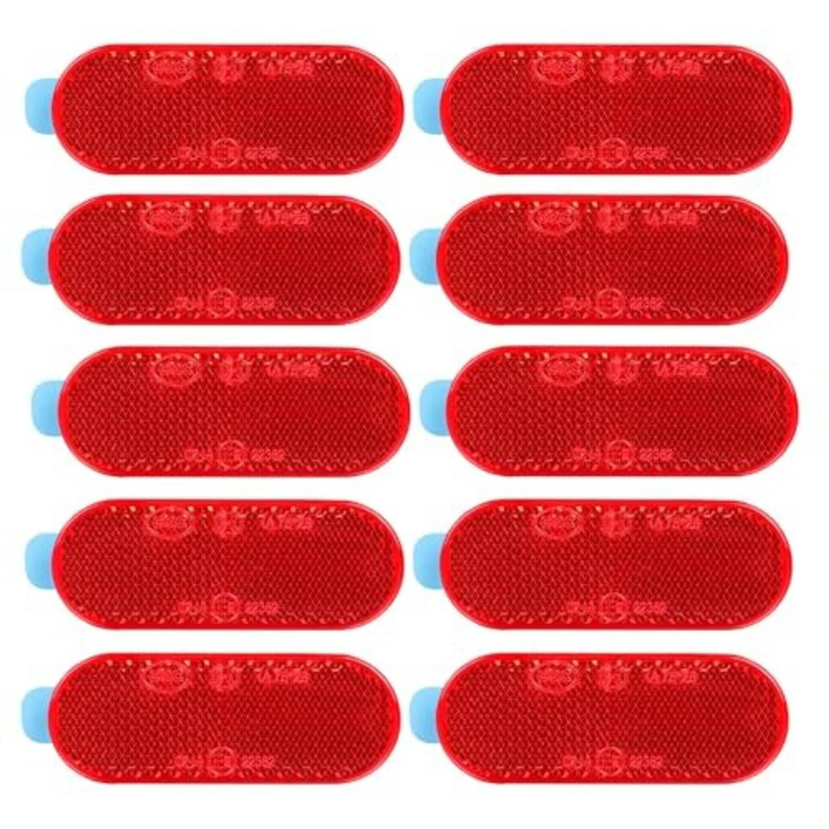 10-pack red oval reflective stickers with blue adhesive backing tabs