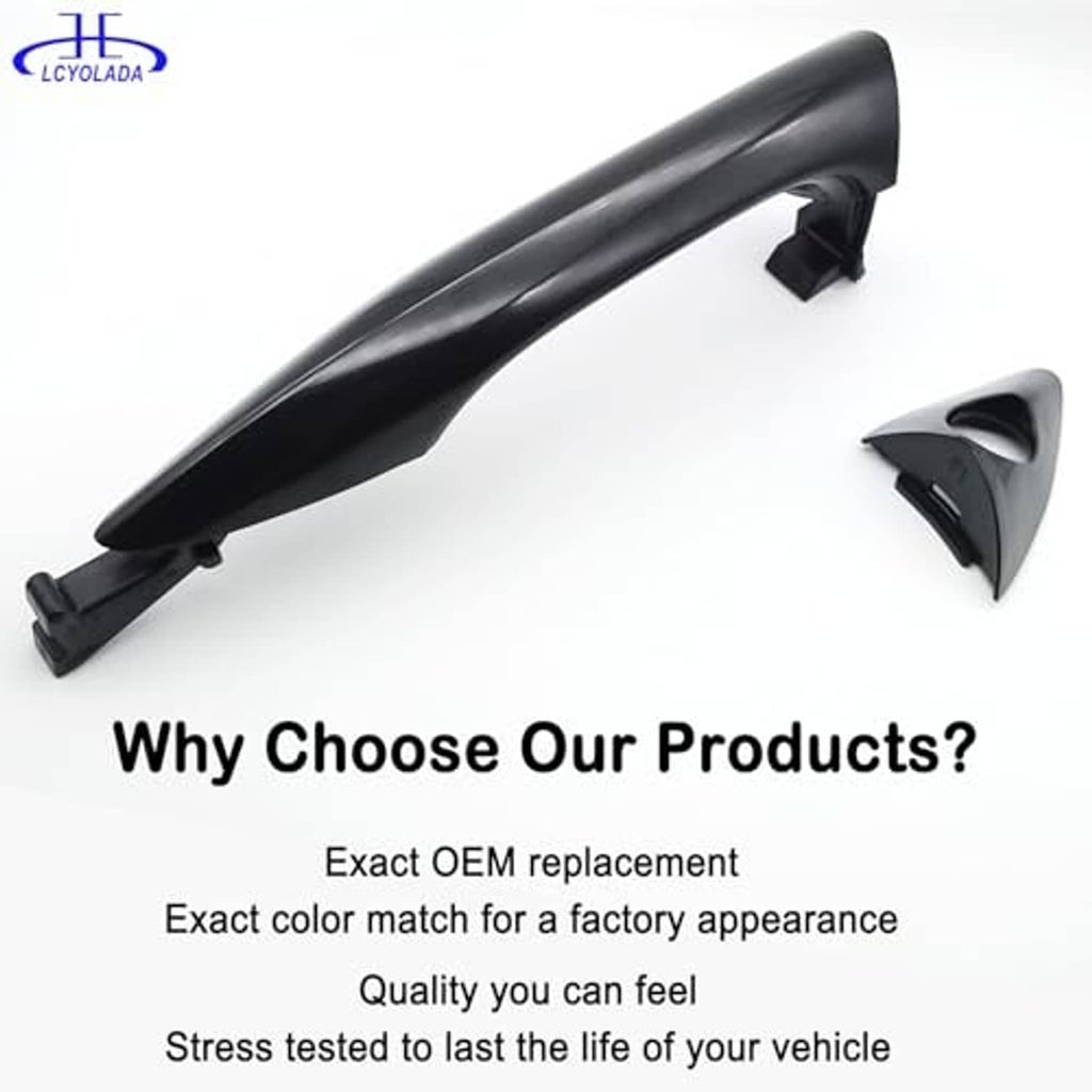 Black exterior door handle and keyhole trim cap pieces, front left