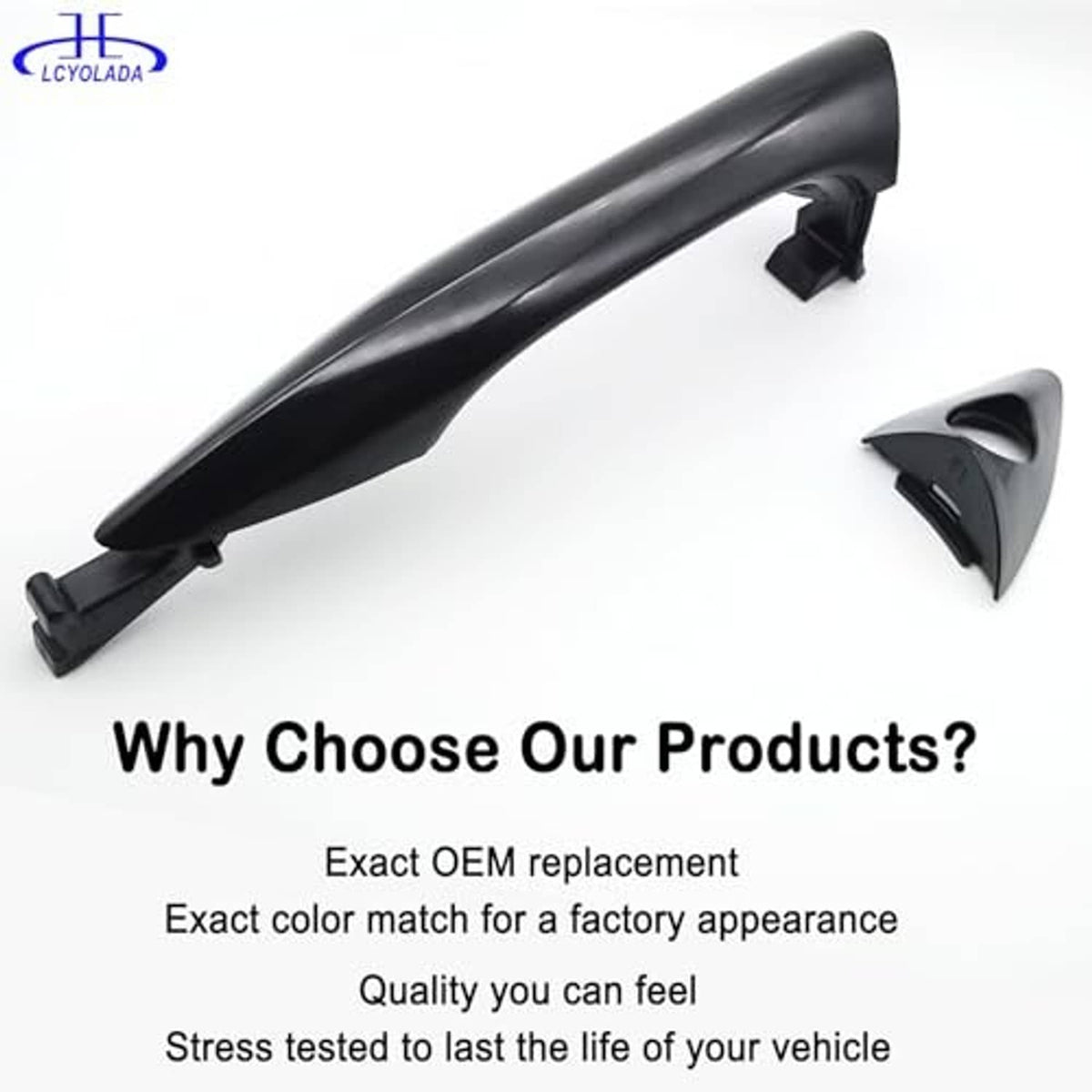 Black exterior door handle and keyhole trim cap pieces, front left