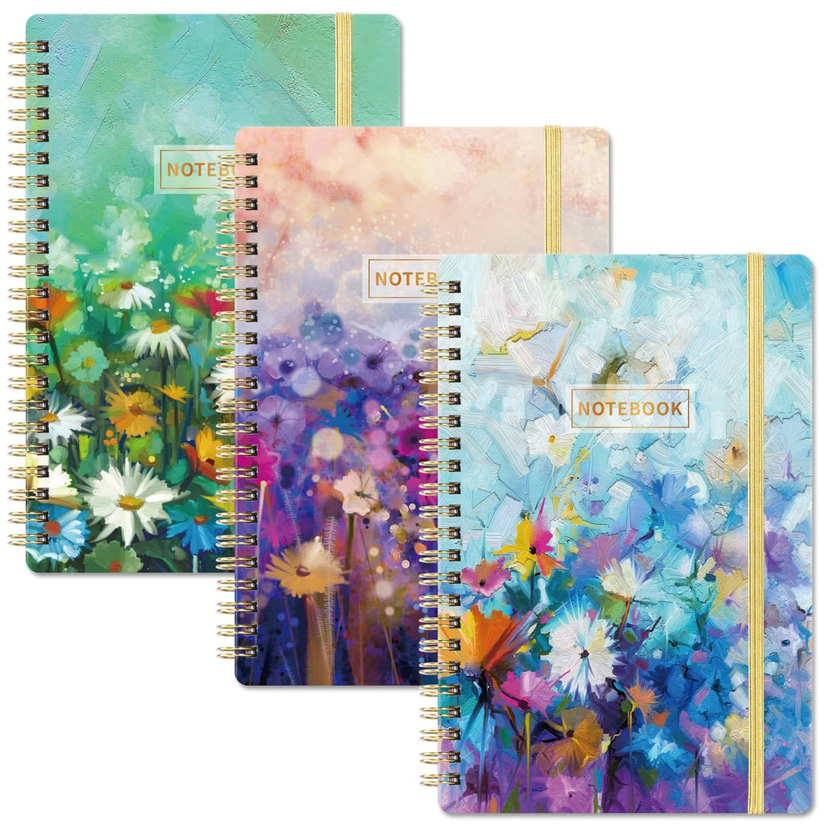 A5 spiral notebook 3-pack with colorful watercolor covers and gold binding coils