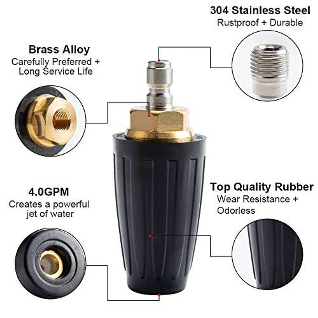 Turbo pressure washer nozzle with black rubber body, brass parts, and threaded metal end