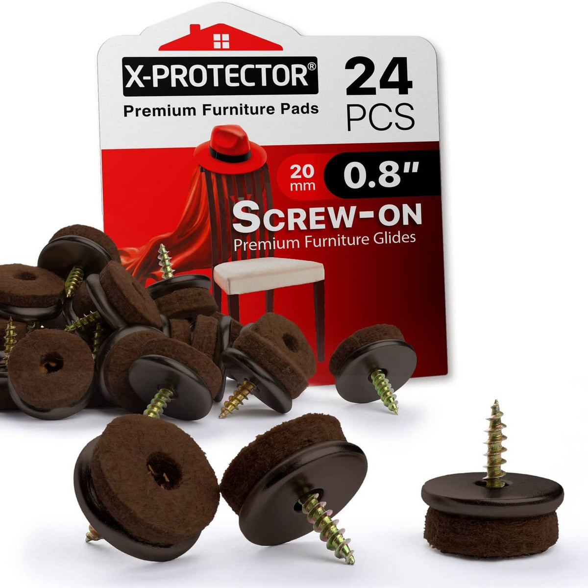 Brown screw-in felt furniture pads for 0.8 in chair legs, 24-pack set