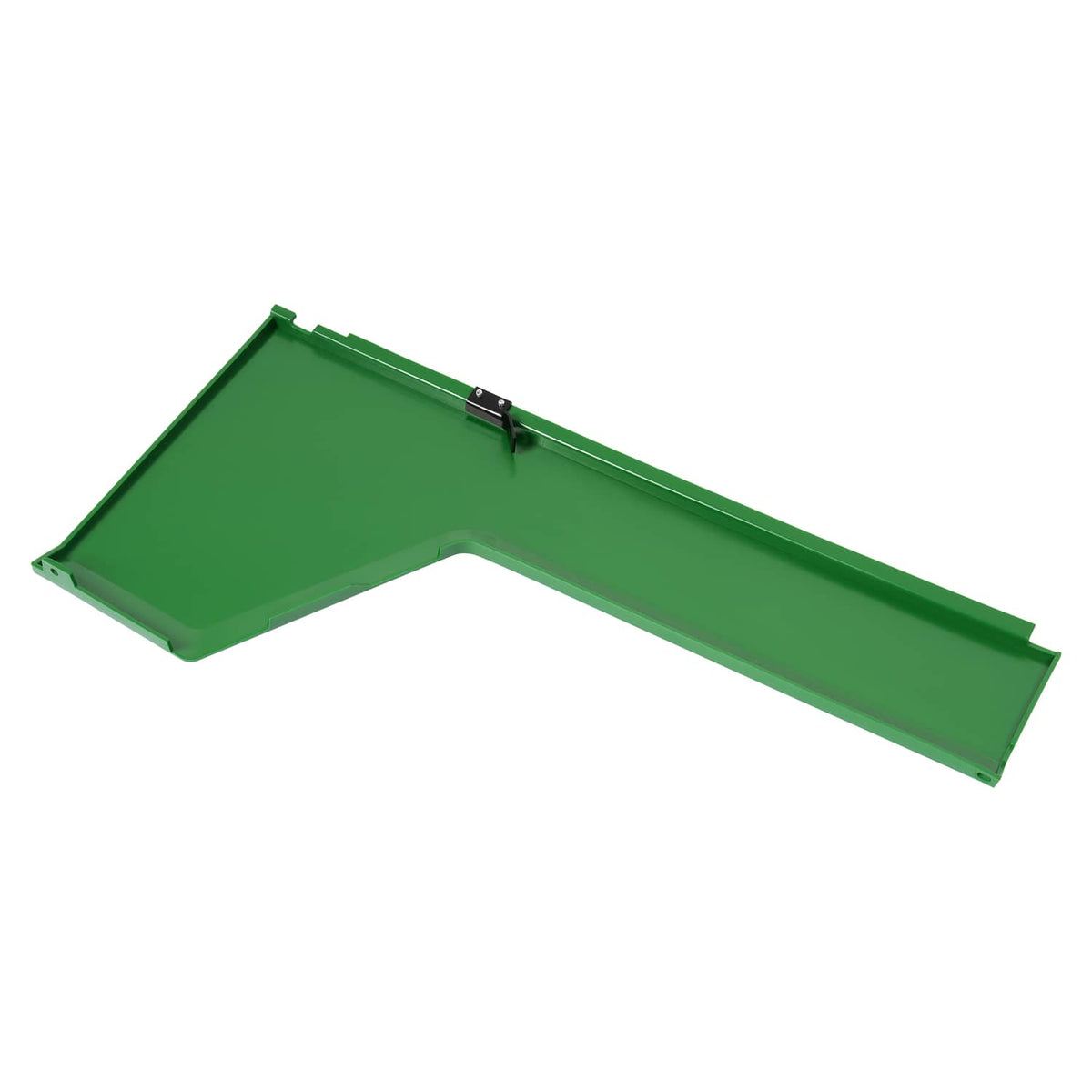 Green steel RH hood side panel with inner cutout and black hinge-like mount
