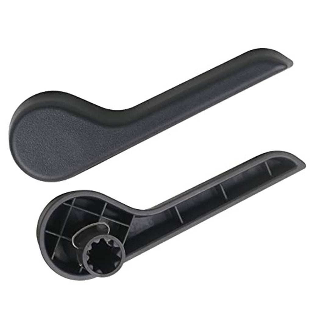 Black seat recliner handle lever pair with underside mounting gear and slots.