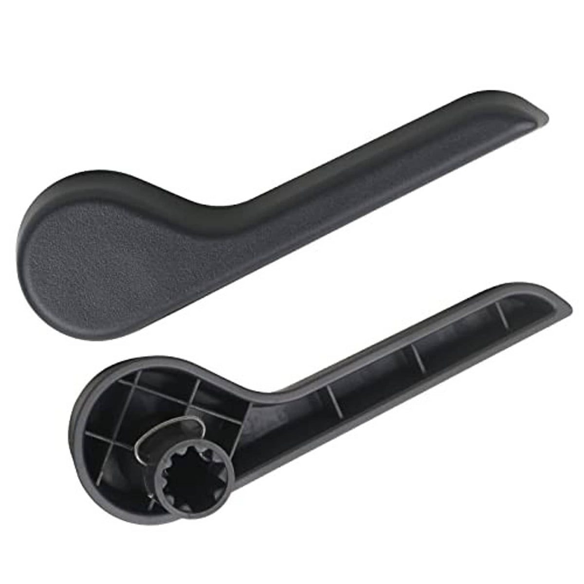 Black seat recliner handle lever pair with underside mounting gear and slots.