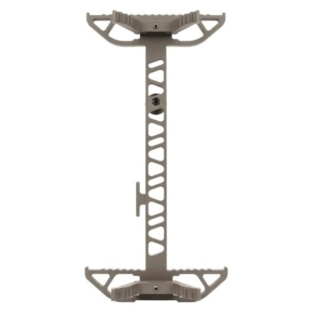 Brown aluminum tree climbing stick front view with two anti-slip platforms and strap holes.