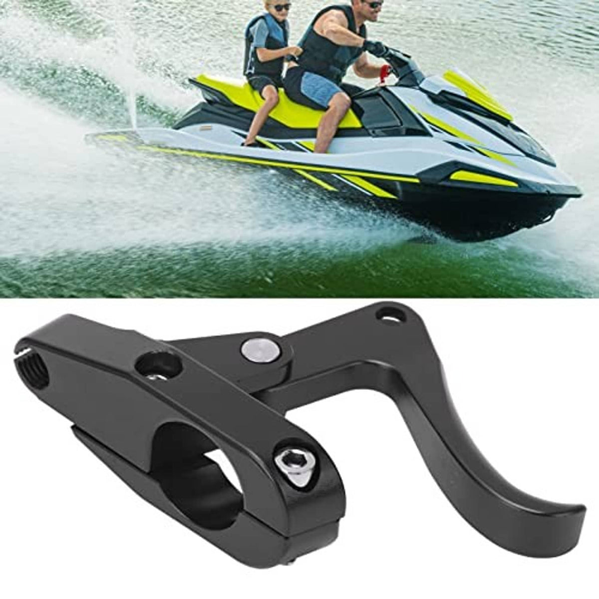 Black ergonomic jet ski throttle finger lever upgrade, side view with curved handle