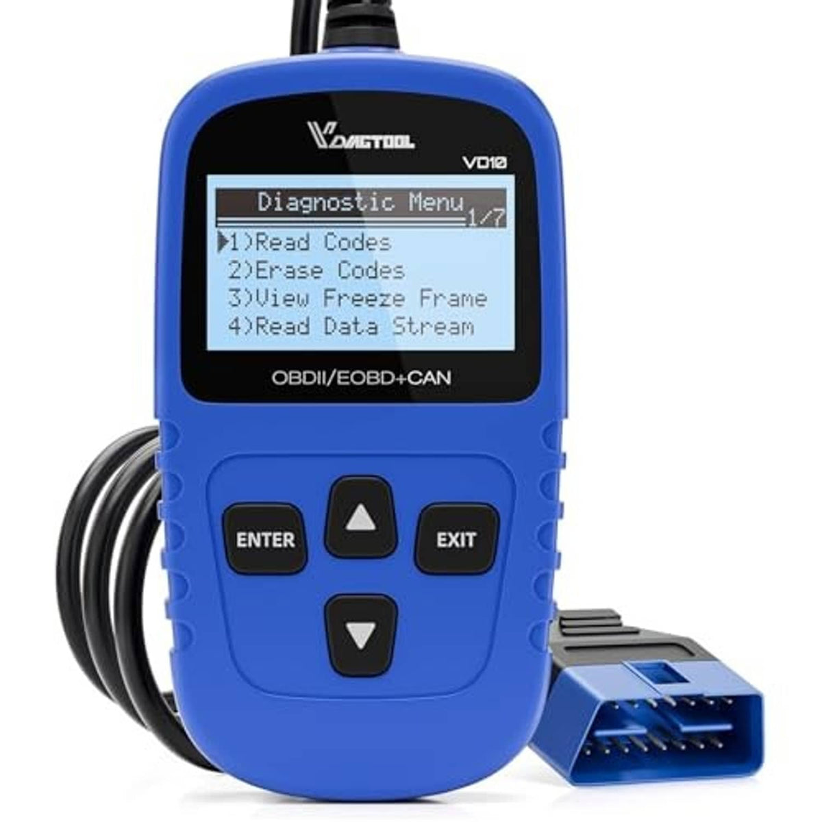 Blue OBD2 scanner front with LCD diagnostic menu and attached OBD connector plug