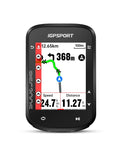Black GPS bike computer with color screen showing speed, distance, and route