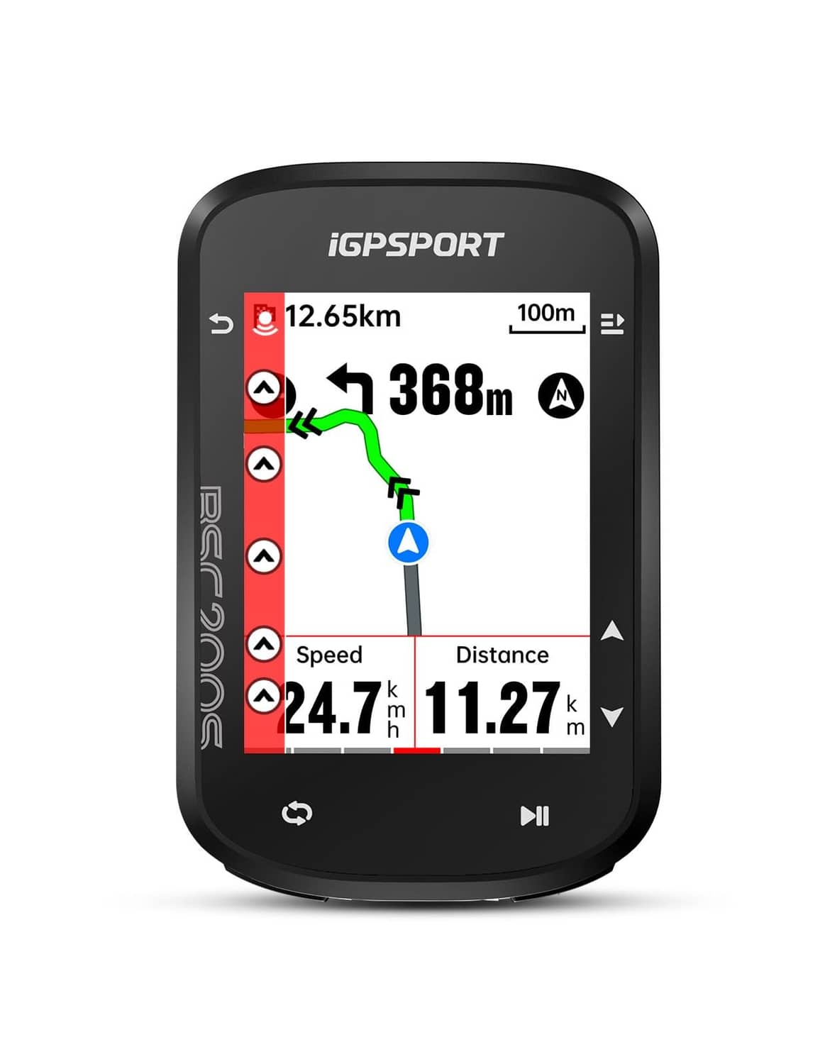 Black GPS bike computer with color screen showing speed, distance, and route