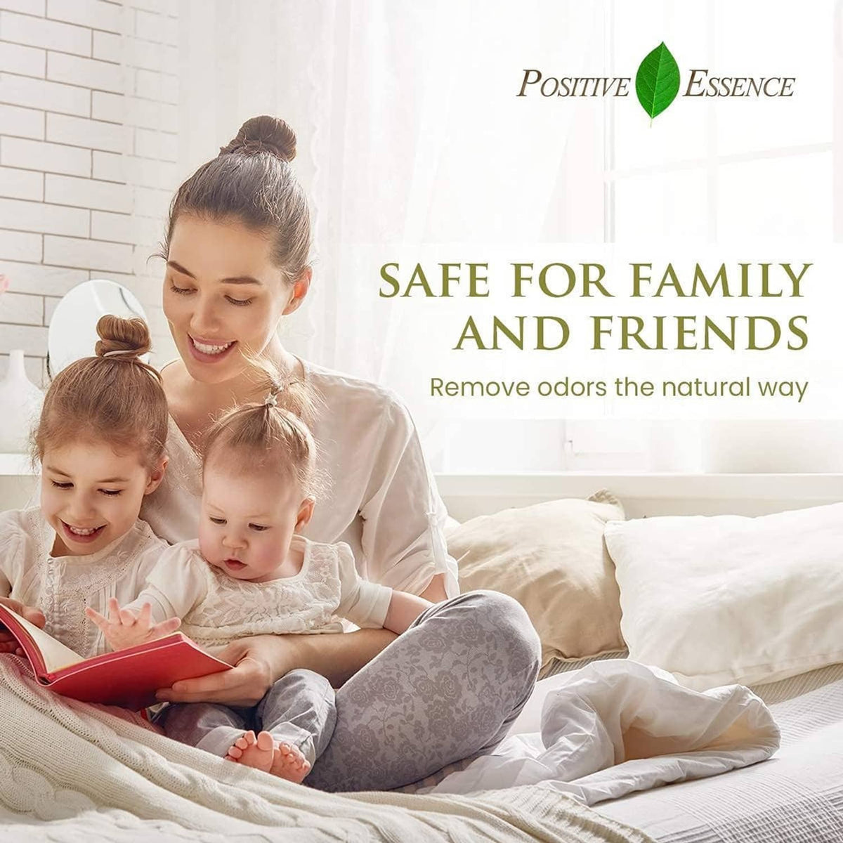 Family relaxing on a bed with soft natural light, suggesting essential oil use
