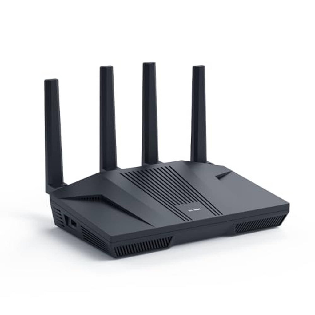 Black Wi-Fi 6 router with four antennas, front USB and Ethernet ports visible