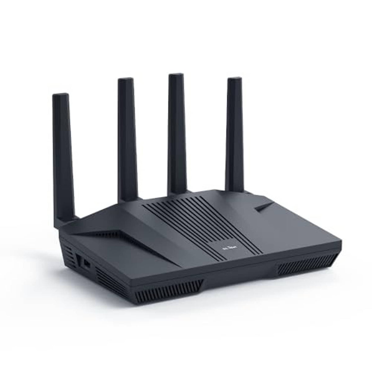 Black Wi-Fi 6 router with four antennas, front USB and Ethernet ports visible