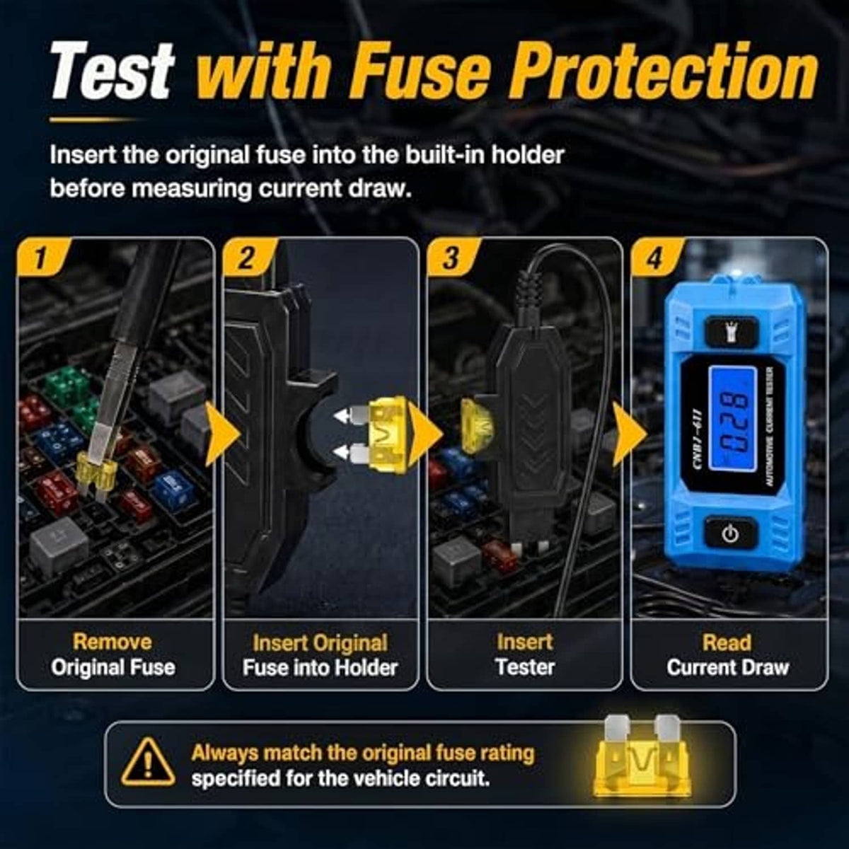 Blue fuse-current tester with black fuse-holder clip and LCD current readout