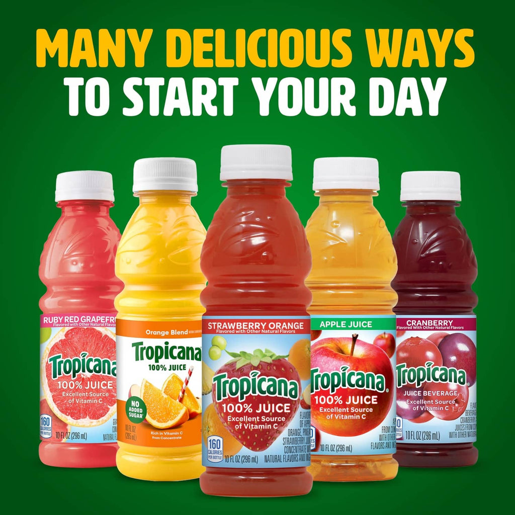 Assorted Tropicana juice bottles lineup, including strawberry orange flavor