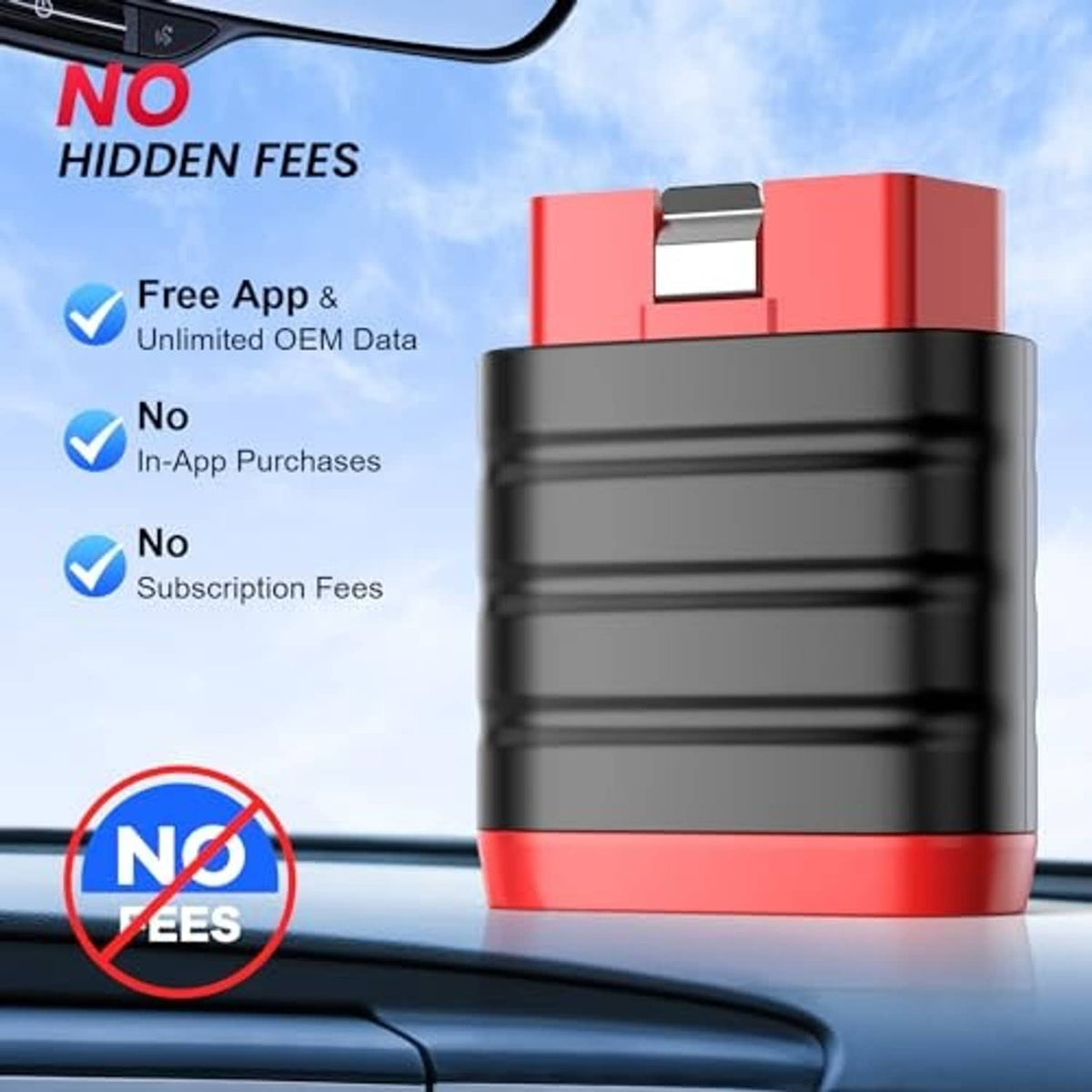 Thinkdiag Mini OBD2 scanner with red-black casing and benefit icons for free app