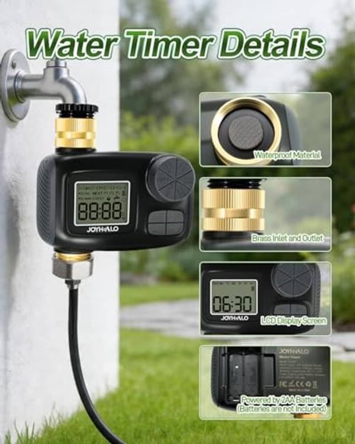 Outdoor water timer details with LCD screen, brass inlet/outlet, waterproof housing