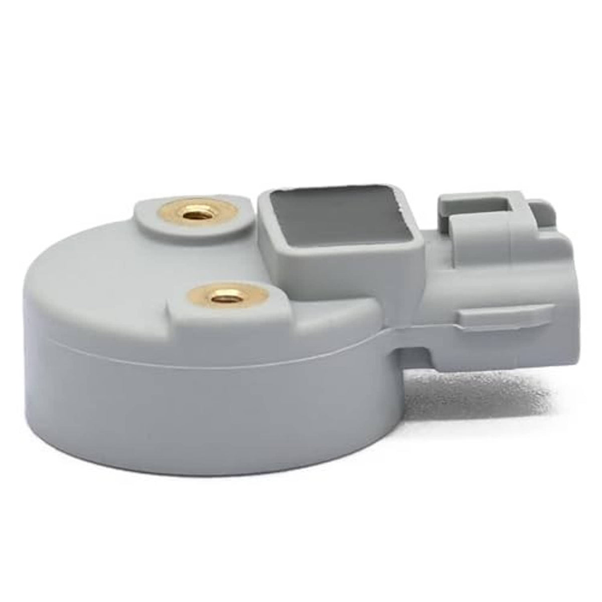 Camshaft position sensor angled view, gray plastic housing with electrical connector block