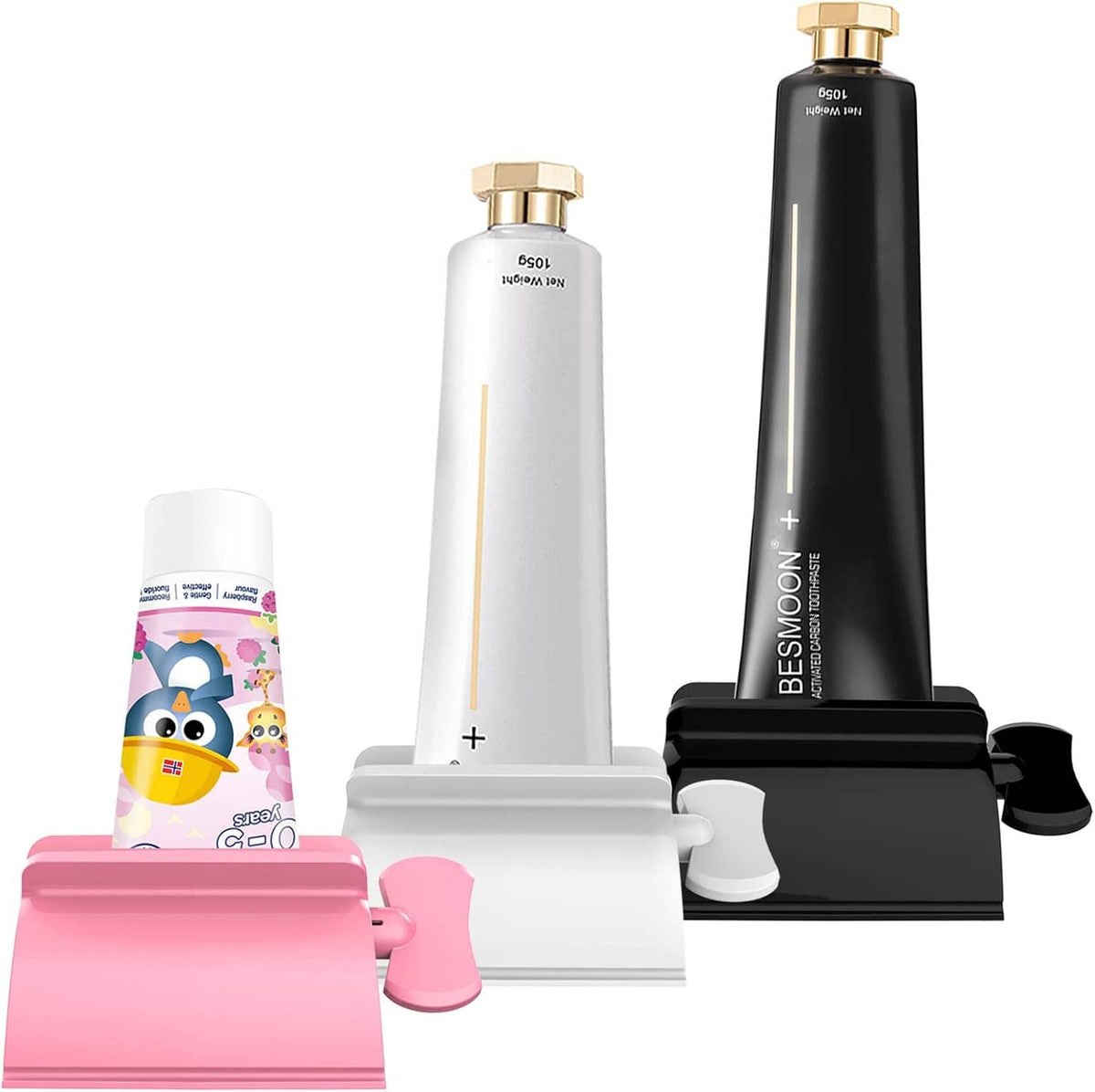 3-pack tube squeezers with white and black holders and gold caps